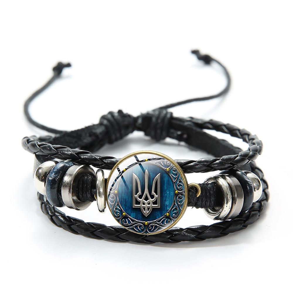Bracciale con Ciondolo Simbolo Rune Vintage Tryzub Gemme di Vetro Fatto a Mano Multiplo Braccialetti in Pelle PU Braccialetto Gioielli Unisex Regalo