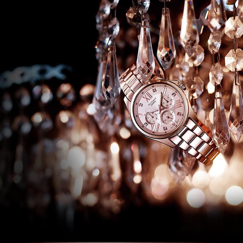 Casio SHEEN Series Three Eyes and Three Circles Design Rose Gold Crystal Watch Business Quartz Movement Stainless Steel Strap Japanese SHE-3806PG-9A