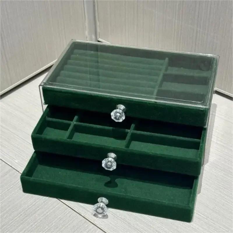 NEW 1pc Three-layer Velvet Jewelry Box Transparent Drawer Type Earring Bracelet Organizer Display Box Jewelry Diy Storage Box