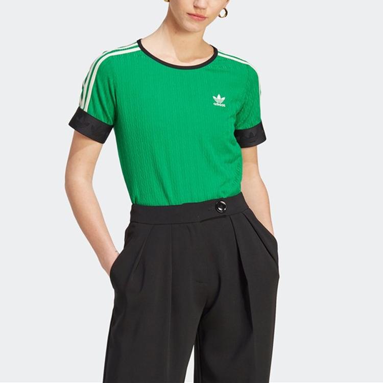 Adidas Originals Adicolor 70s Retro Series Brand Logo Print Stripe Casual Crew Neck Short Sleeve T-Shirt Women Tops Green IK7844