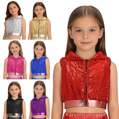 Girls Performance Crop Top: Front Zipper Sleeveless Backless Hooded Design with Sparkling Sequins for Hip-Hop Jazz Dance