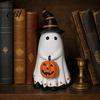Halloween Table Centerpiece Ghost Figurine, Cute Wearing Hat And Holding Holiday Vibes Decor Pumpkin Statue, Resin Ornament for Shelf Tabletop