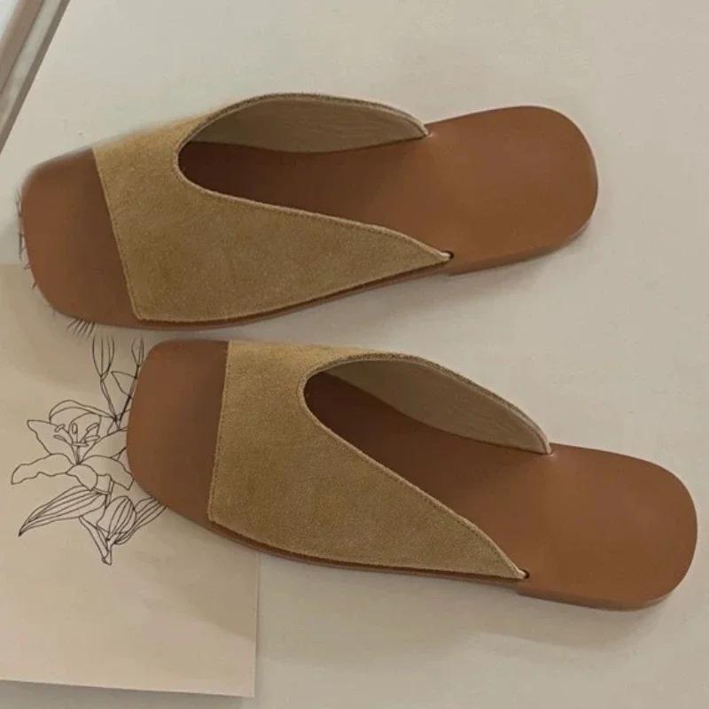 Fashion High Quality Faux Suede Square Toe Designer Brand Sandals Women Summer Sexy Open Toe Flat Sandal Comfortable Vacation Beach Shoe