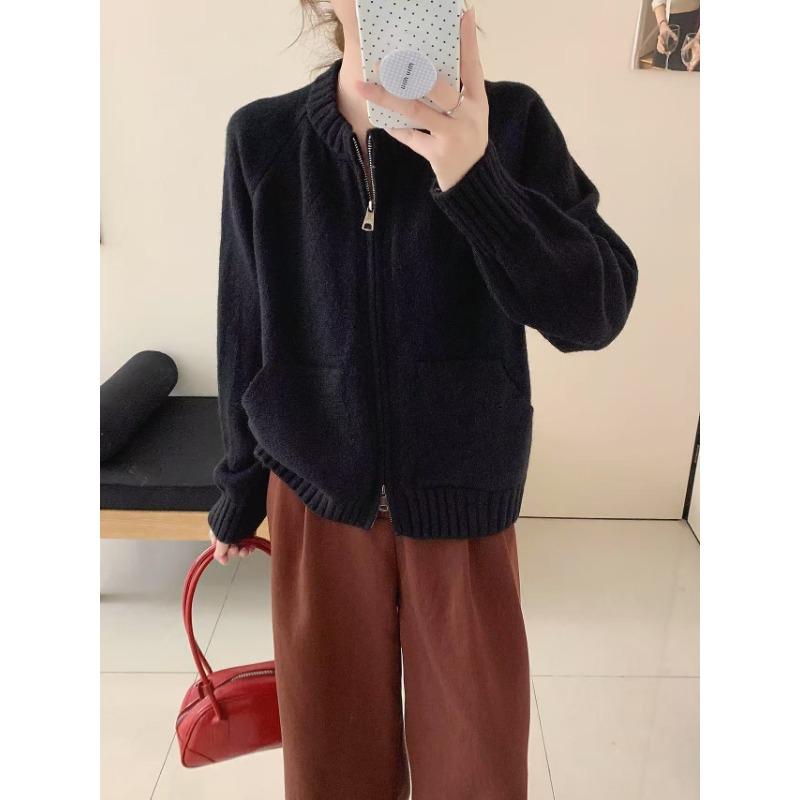 

Осень и зима новый вязаный кардиган на молнии с двойными карманами женский свободный повседневный вязаный свитер-жакет на молнии с двумя бегунками average size чёрный