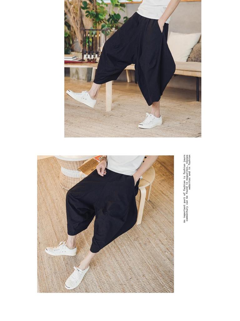 2018 Summer Men's Cotton Linen Casual Pants, Nine-Point Style, Plus Size, Low Drop Crotch