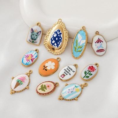 Edelstahl Anhänger Geometrisch Herz Oval Mehrfarbig Blume Hummer Gedruckt Anhänger DIY Halskette Schmuck
