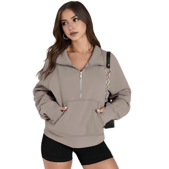 

Осенне-зимняя толстовка с застежкой-молнией на половину длины, большим карманом, отложным воротником, длинными рукавами, свободная, плотная, однотонная, эластичная манжета, повседневная одежда, повседневный спортивный топ L верблюд