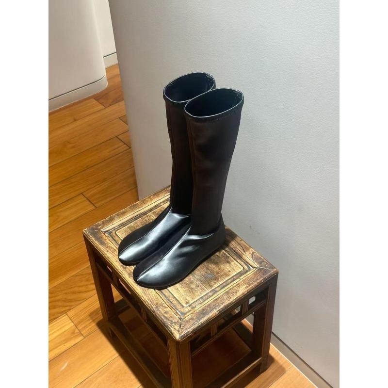 French Retro Round Head Sleeve Autumn and Winter New Flat Bottomed Knight Boots for Women