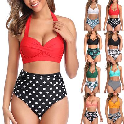 wuliLINL Ladies Halter High Waist Strap Printed Split Swimsuit Bikini