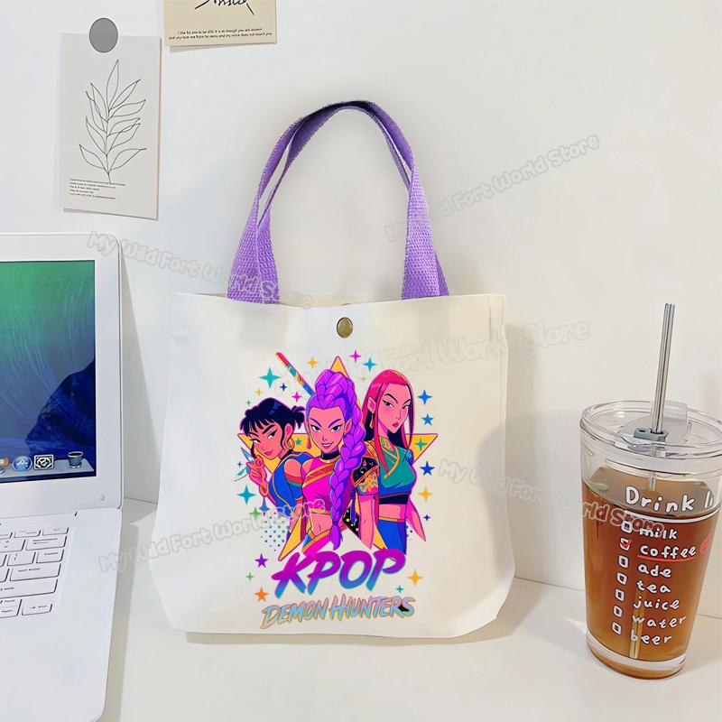 Perfect KPop Demon Hunters Women Canvas Handbag Rumi Mira Zoey Girl Tote Bags Portable Female Phone Pouch Cute Cartoon Shopping Bag
