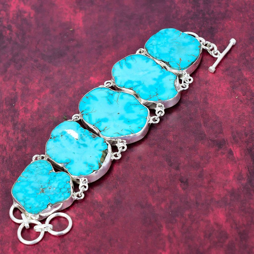Turquoise Slice Bracelet, Charming Gemstone 925 Solid Sterling Silver Natural Jewelry, Handmade Adjustable Bracelet Jewelry For Her