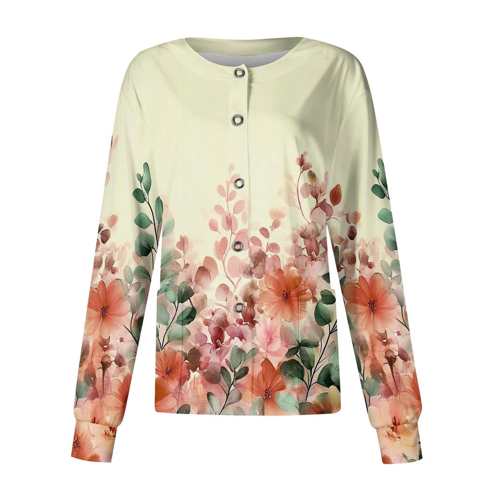 Women's Casual Long Sleeve Single Breasted Floral Print Caregiver Cardigan Top Lightweight Button Up Shirt for Daily Wear