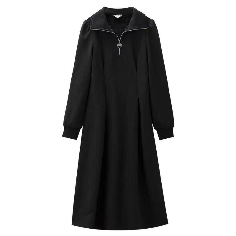 French New Velvet Heart Neckline Zipper Premium Gentle Style Versatile and Thin Inner Long-sleeved Dress Autumn and Winter Wear