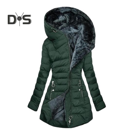 Giacca invernale da donna imbottita taglie forti con fodera in peluche, chiusura con cerniera imbottita, lunghezza media, con cappuccio, tinta unita, caldo, antivento