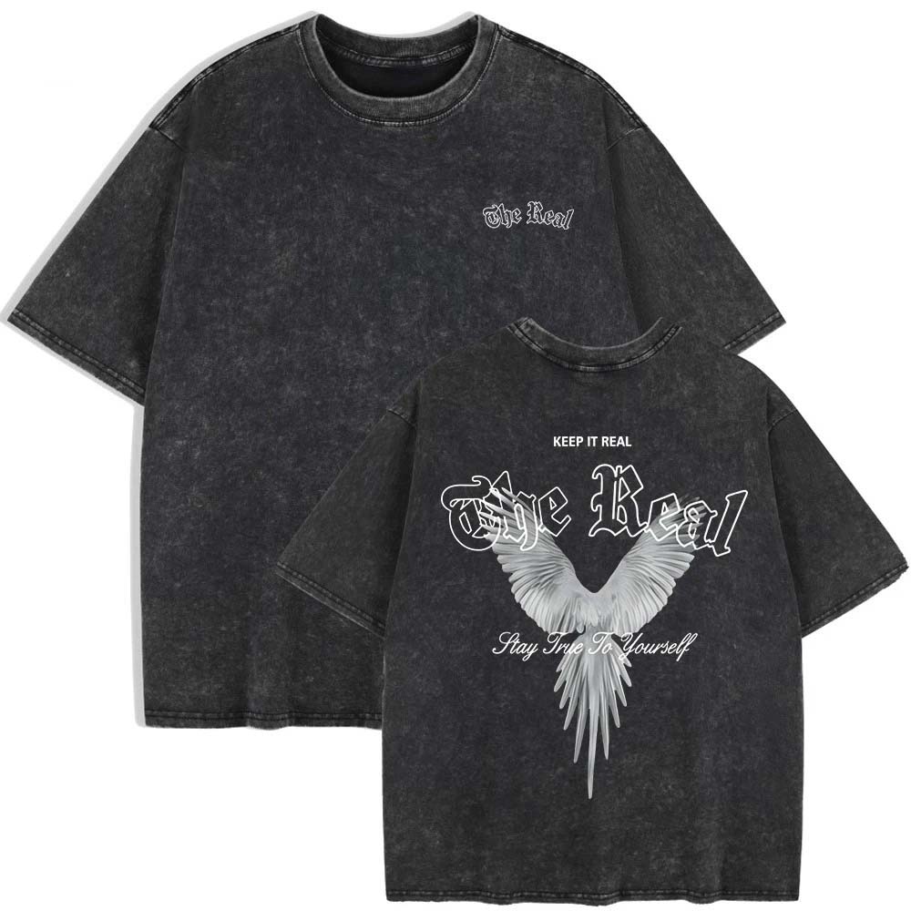 

Keep It The Real Wings Prints Washed T-Shirts Womens Cotton Oversize T Shirt Summer O-Neck Short Sleeve Tops Woman Clothes 3XL