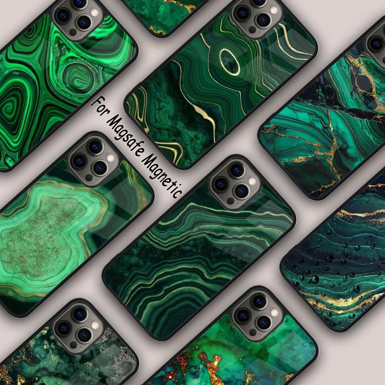 Gold Indigo Faux Malachite Magnetic Phone Case For APPLE iPhone 17 Air 16 14 13 12 Pro Max 15 Plus Wireless Charge MagSafe Cover