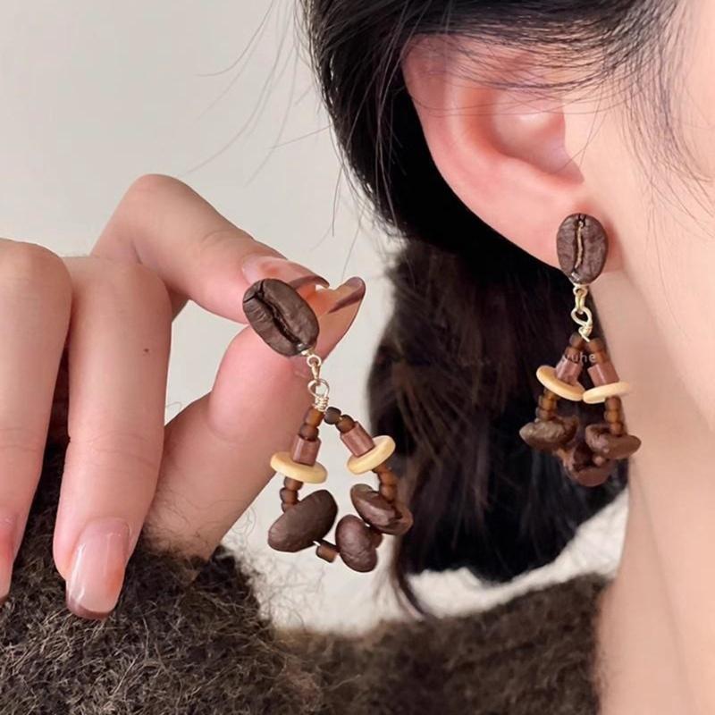 Unique Coffee Bean Studs Earrings for Fashion Enthusiasts Lightweight Wood Beaded Ear Pendants Jewelry for Daily Wear