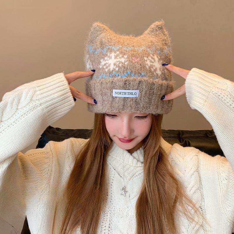 2026 autumn and winter new Fair Island wind cat ear wool hat, fleece warm cold hat, big head circumference and small knitted hat