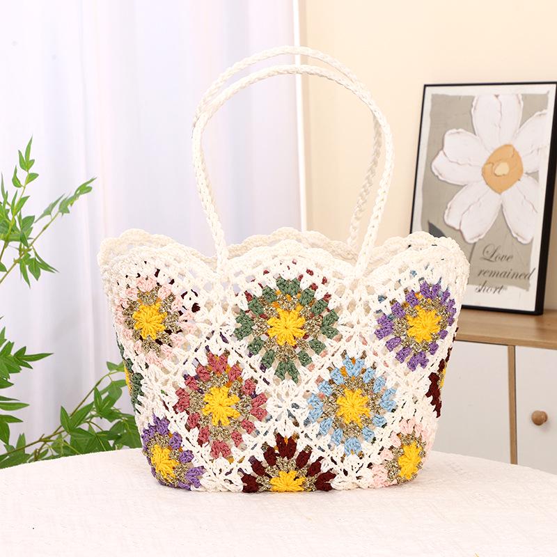 

Handmade One-Shoulder Crochet Beach Tote - Hollowed-Out Vacation Style Bag 50cm x 30cm x 17cm різнокольоровий/білий