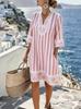 Summer new European and American style V-neck striped loose beach dress casual short sleeve sun protection seaside vacation