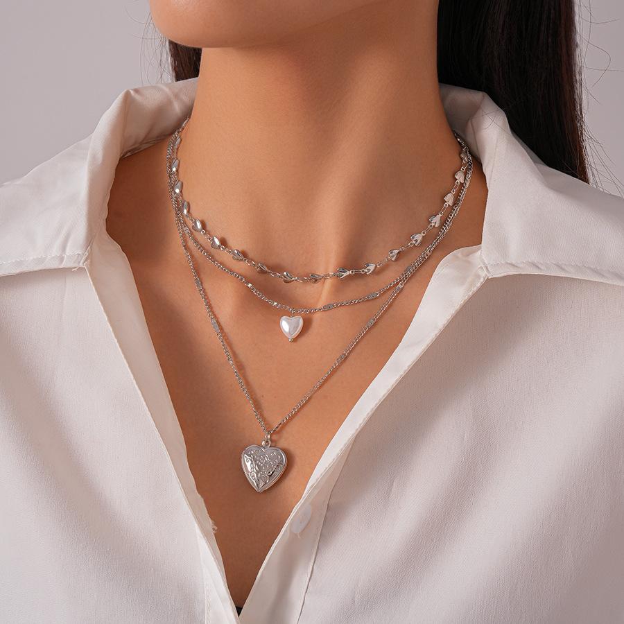 Imitation Pearl Love Print Three-layer Stacked Sweater Chain French Retro Necklace