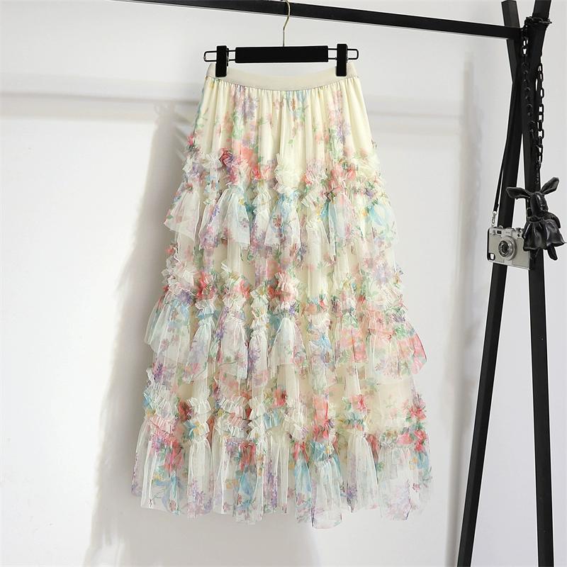 

Dimanaf 2025 Летние женские новые юбки с эластичной талией, цветочные плиссированные сетчатые элегантные юбки One Size бежевый