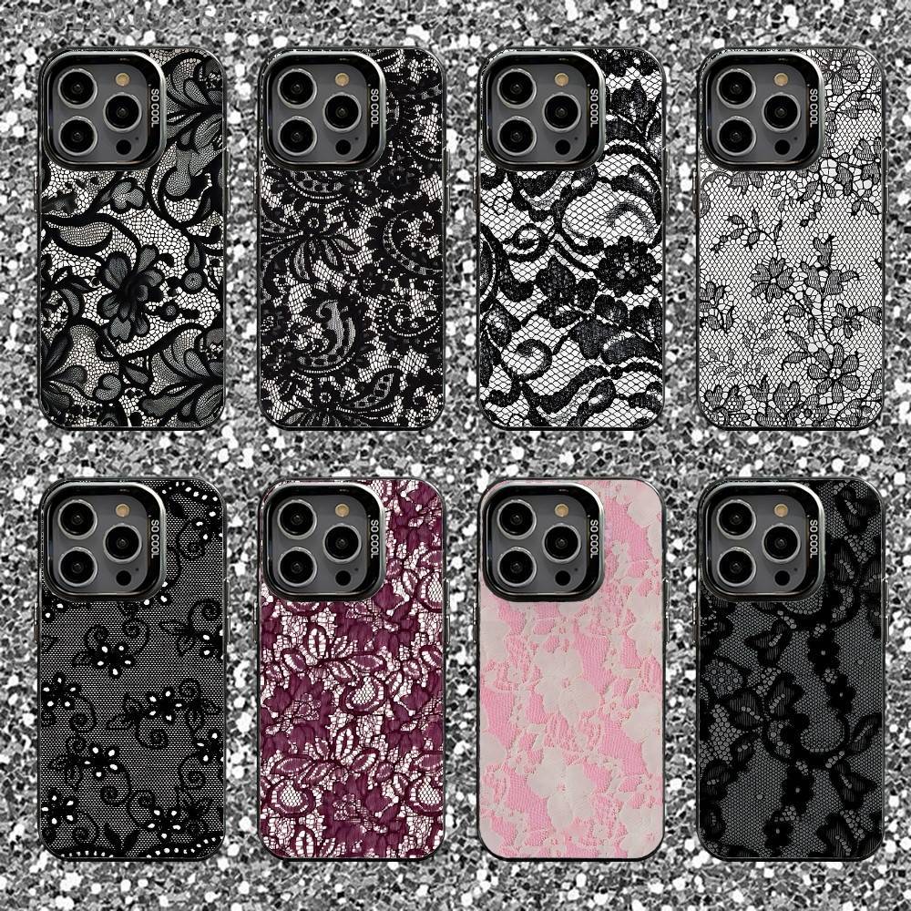 Lace Print Pattern Phone Case For iPhone 16,15,14,13,12,11,Pro,XS,Max,Plus,Mini,SE Black Candy Matte Shockproof Cover