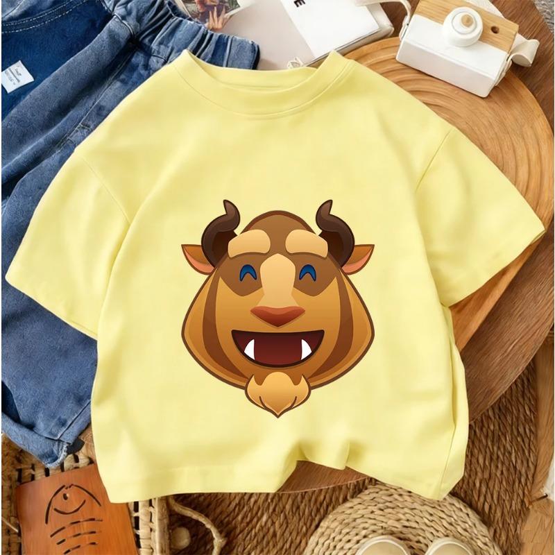 Summer Casual Everyday Children's Crew Neck T-shirt with Cute Beauty and the Beast Cartoon Print