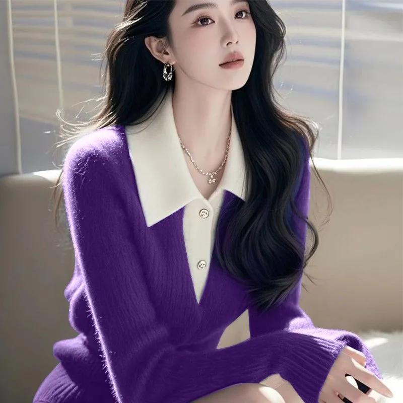 Schönes Strickoberteil mit lila Fake-Zweiteiler-Pullover für lässige Winterkleidung