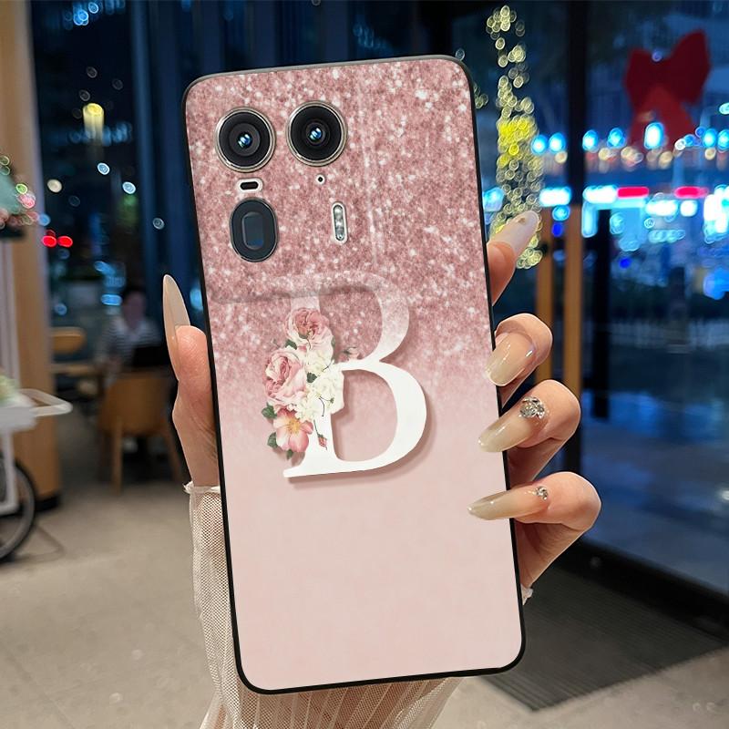 

For Motorola Edge 50 Ultra 5G Black Case Letter Flower Pink Shiny A-Z Pattern Shockproof Soft Motorola Edge 50 Ultra 5G Cover Edge 50 Ultra 5G