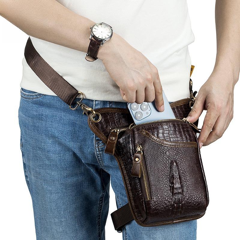 Men Vintage Crocodile Grain Top Grain Genuine Leather Motorcycle Thigh Leg Bag Multifunctional Waist Hip Fanny Pack For Riding
