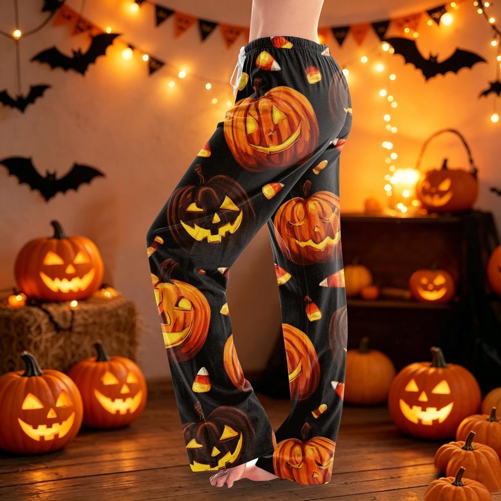 Women Drawstring Waist Halloween Printed Long Pajama Pants Casual Relaxed Fit Sleepwear with Elastic for Home Lounge