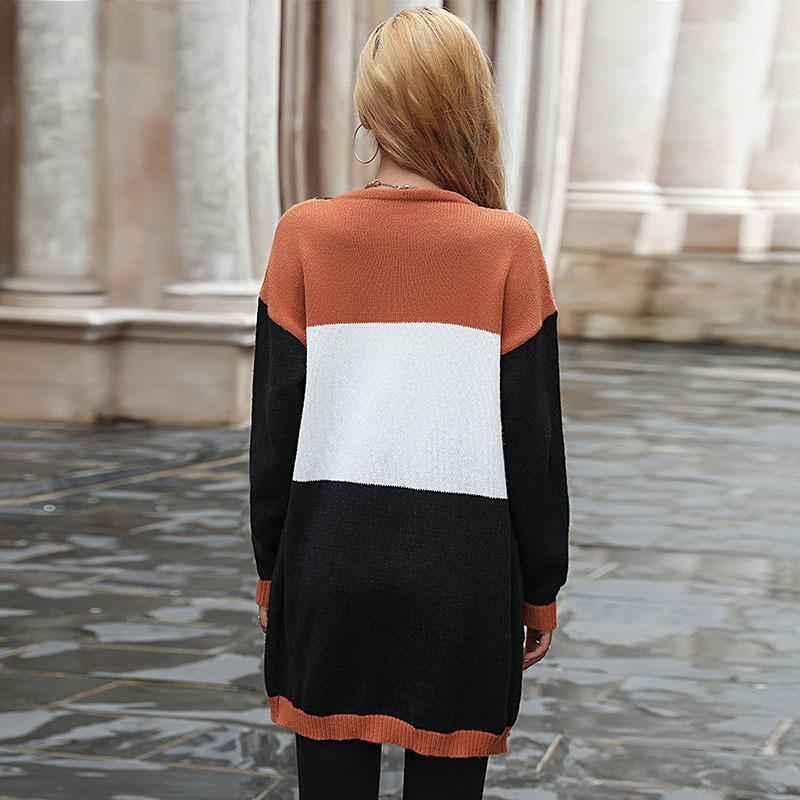 Fashion Casual Tops Shirts Clothing Vintage Fashion Elegant Casual Autumn and Winter Women's Long-sleeved Colorblocking Sweater Cardigan Long Section