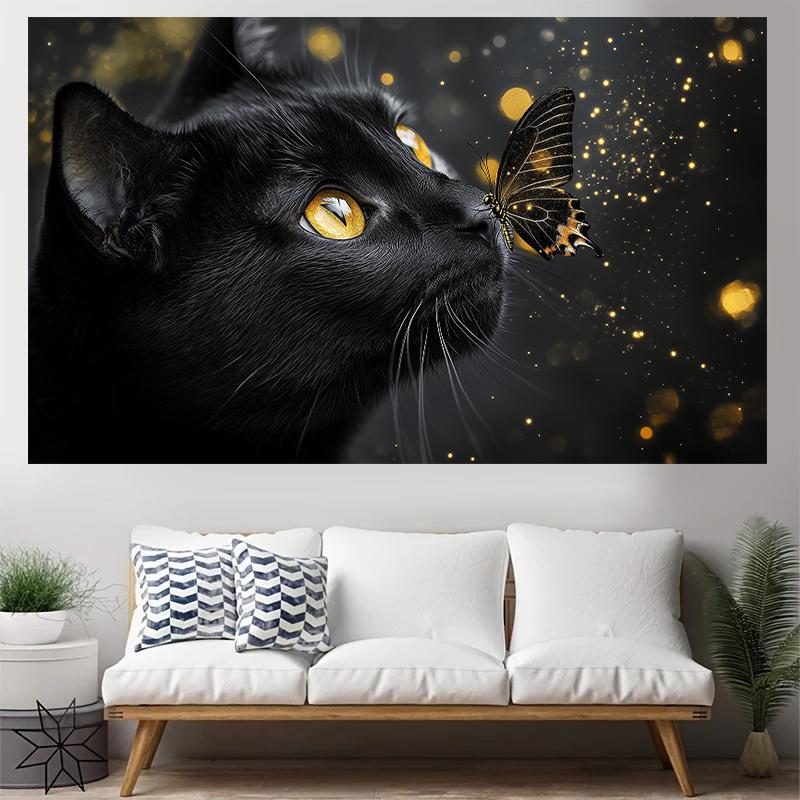 Black Cat Butterfly Glow Tapestry Animal Art Wall Hanging Mystical Decor Living Room Print