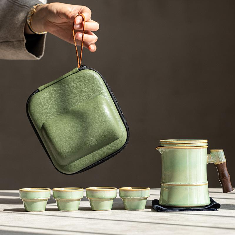 Kiln-changed bamboo joint travel tea set, one pot, four cups, portable outdoor portable tea pot, Kuaike cup, water cup, coffee cup