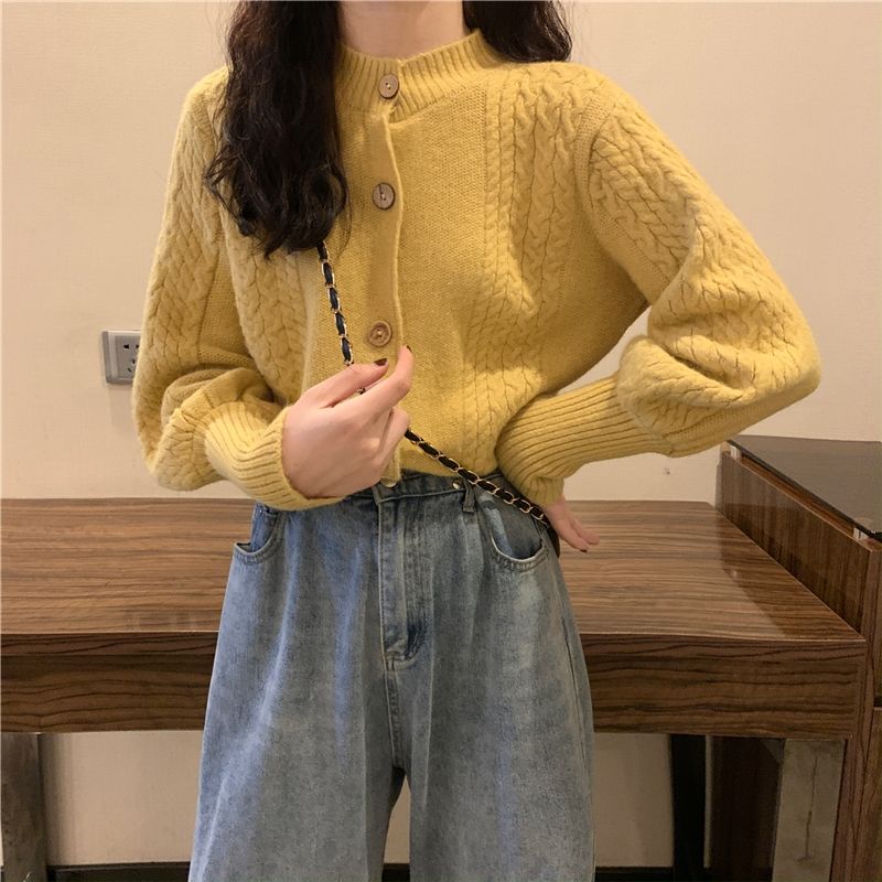 Cardigan Female Spring and Autumn 2023 Bubble Long Sleeve Fried Dough Twists Sweater Cardigan Loose Top Short Knit Coat Women
