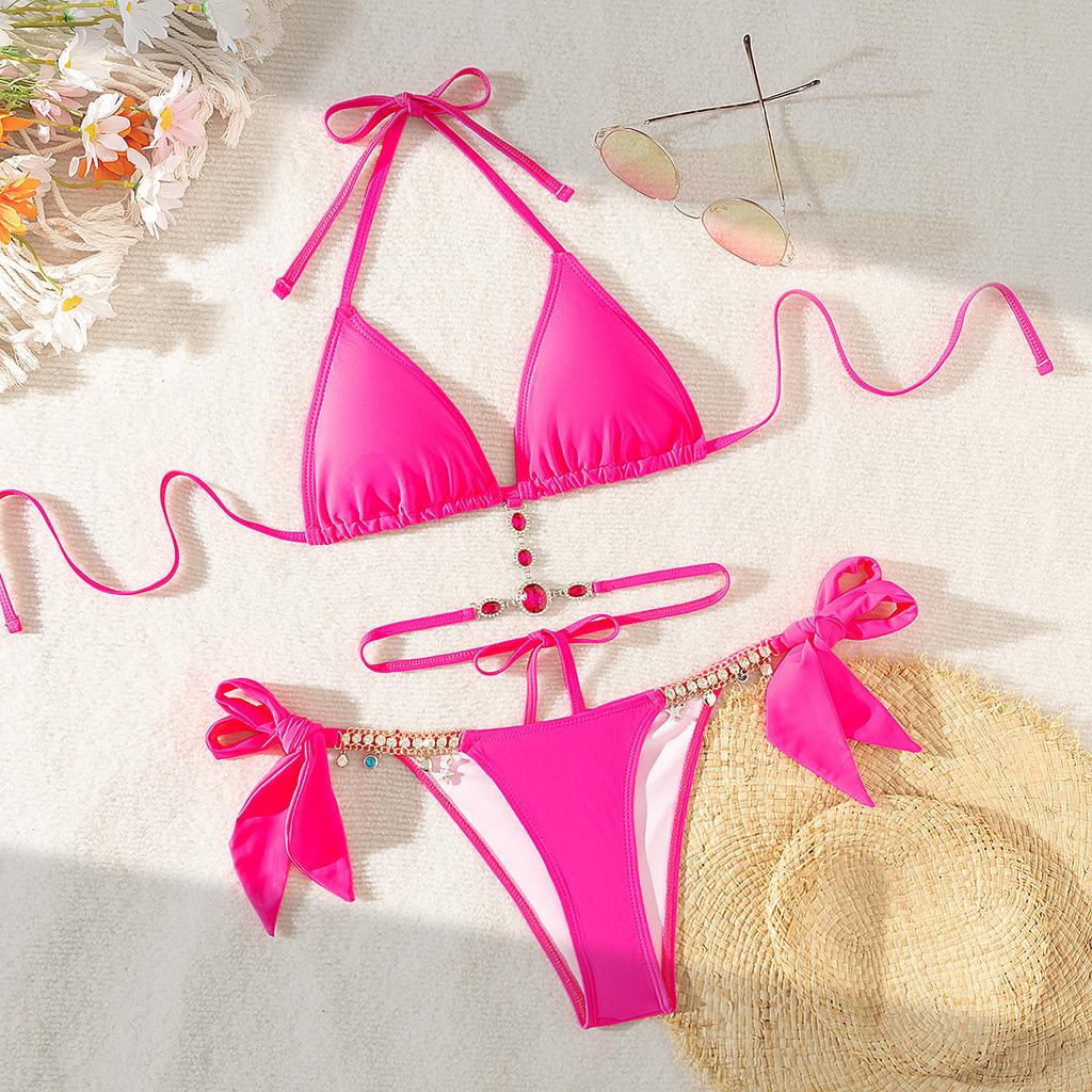 New Women'S Swimwear Crystal Diamond Triangle Bag Straps Backless Beach Bikini European And American Swimsuit
