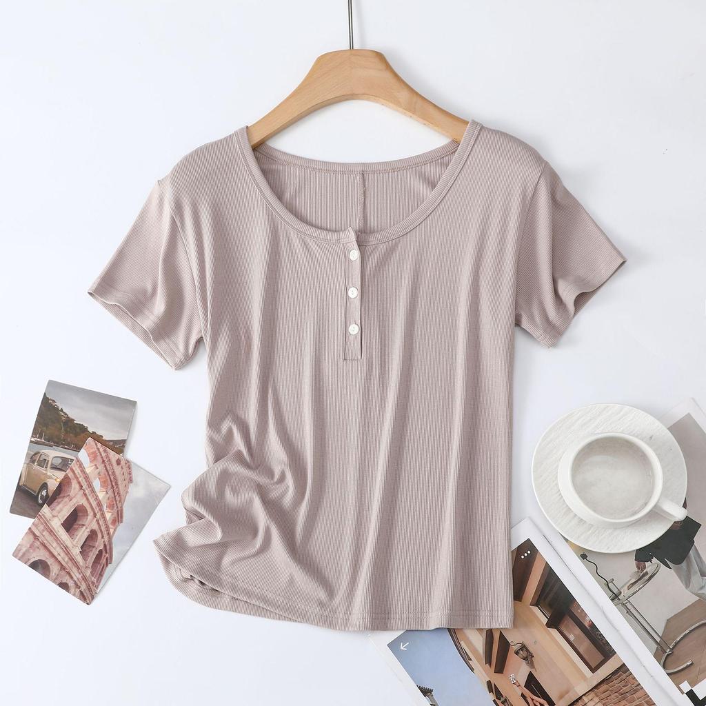 Women's Lightweight Tencel Short-Sleeve Round Neck T-Shirt - Soft, Loose-Fit, Solid Color, Summer Cool Style