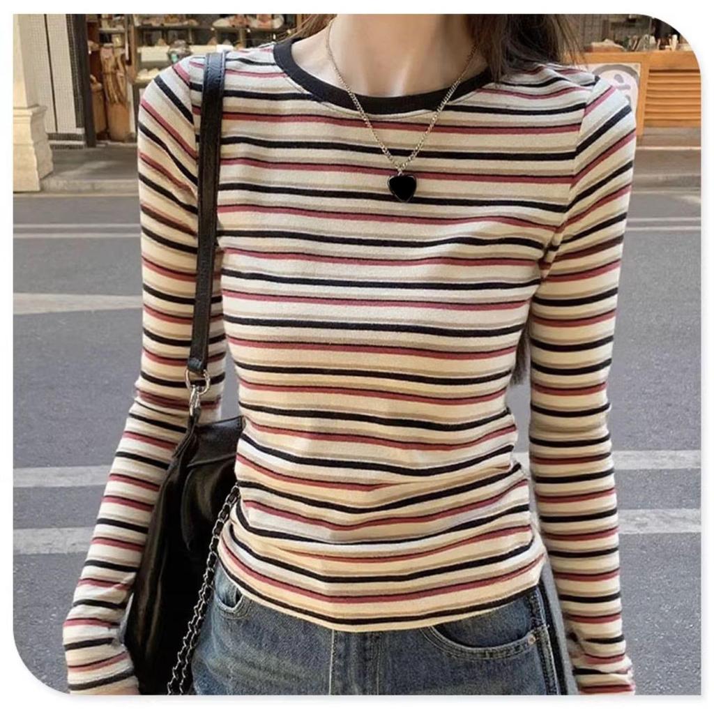 Women's Retro Color Block Striped Long Sleeve Slim Fit T-shirt for Autumn and Winter