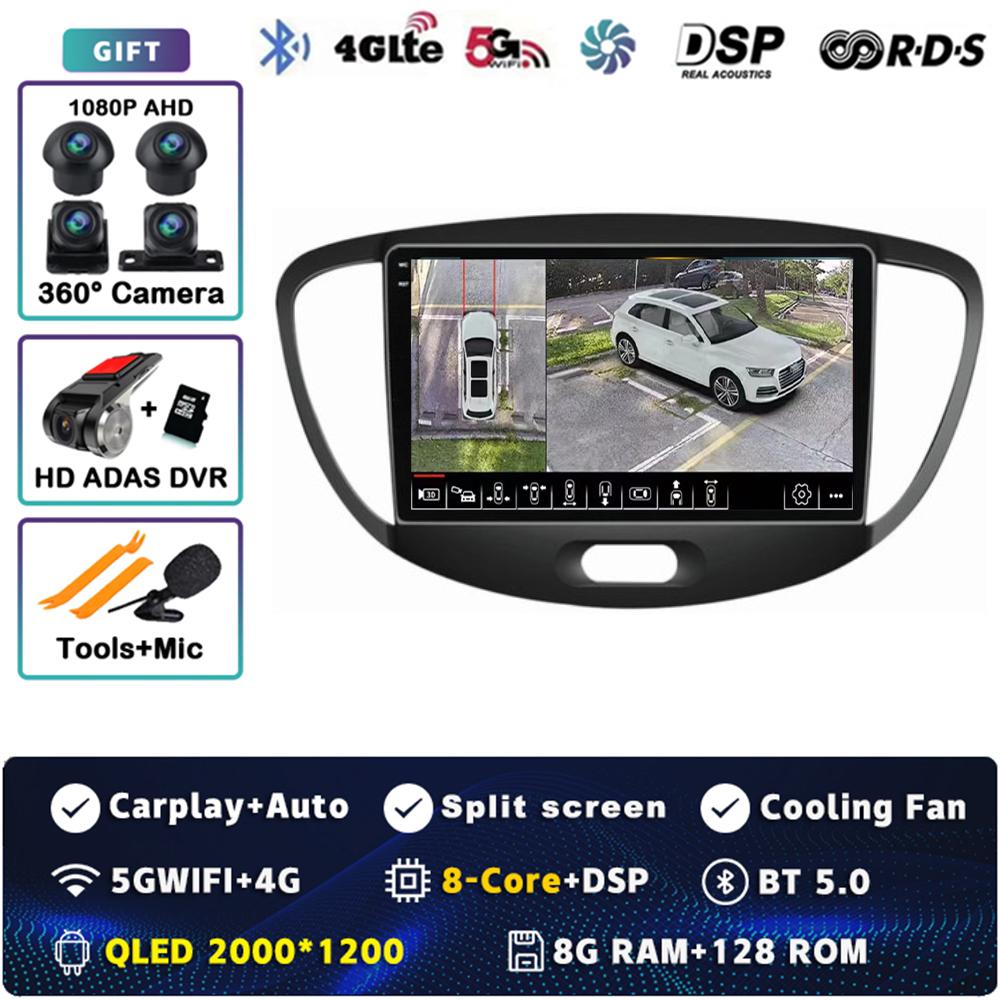 Android 14 Carplay Auto For Hyundai I10 2007 - 2013 Car Radio 4G WIFI Navigation Player Multimedia Srereo 360 Camera DSP Video