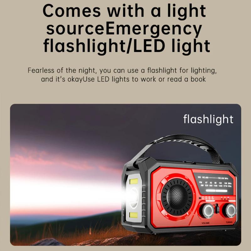 Utendørs Overlevelse Værradio AM/FM/WB NOAA Solcelle Håndsveiv Oppladbar Powerbank Bluetooth-kompatibel Høyttaler SOS-alarm