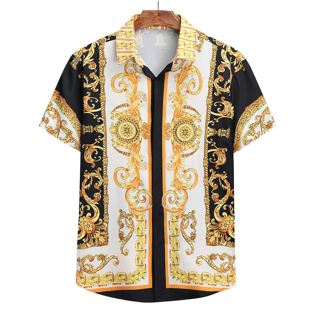 Herren Lässig Locker Kurzarm Ethno-Stil Vintage Print Button-Down T-Shirt