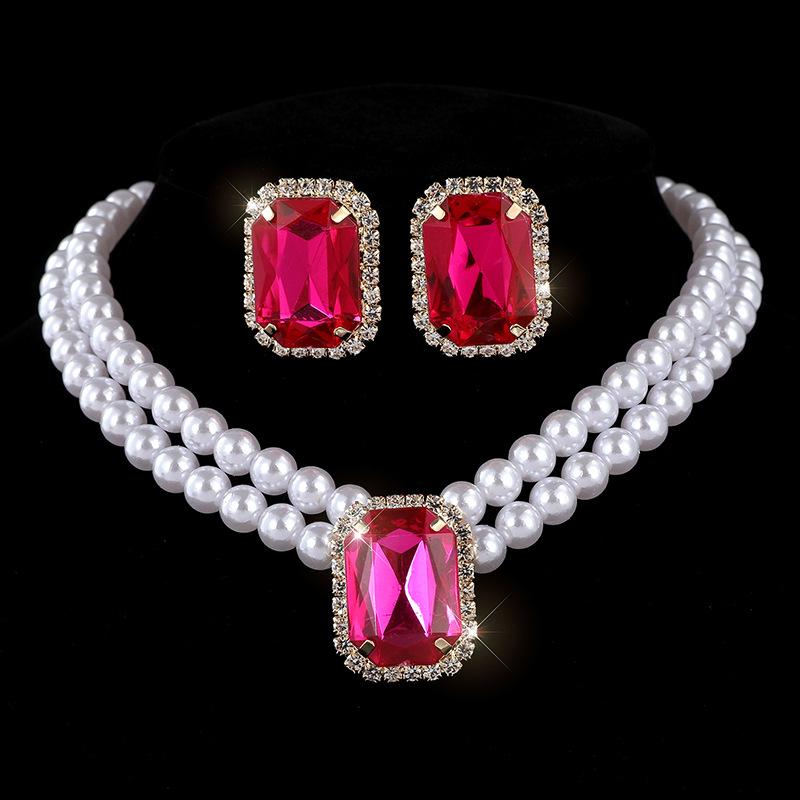 Geometric imitation pearl choker necklace bride light luxury multi-layer imitation pearl necklace stud earrings set women