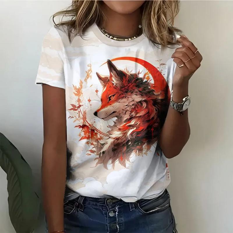 Modisches Damen Rundhals Kurzarm 3D Tier Farbdruck Tier Kurzarm Rundhals T-Shirt
