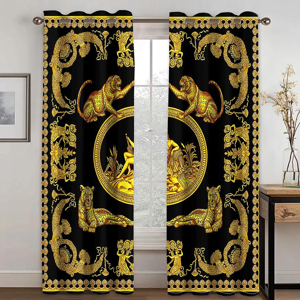 Luxurious Golden Geometric Curtains 2 Panel Grommet Top for Bedroom Living Room Kitchen Floor Window Drapes