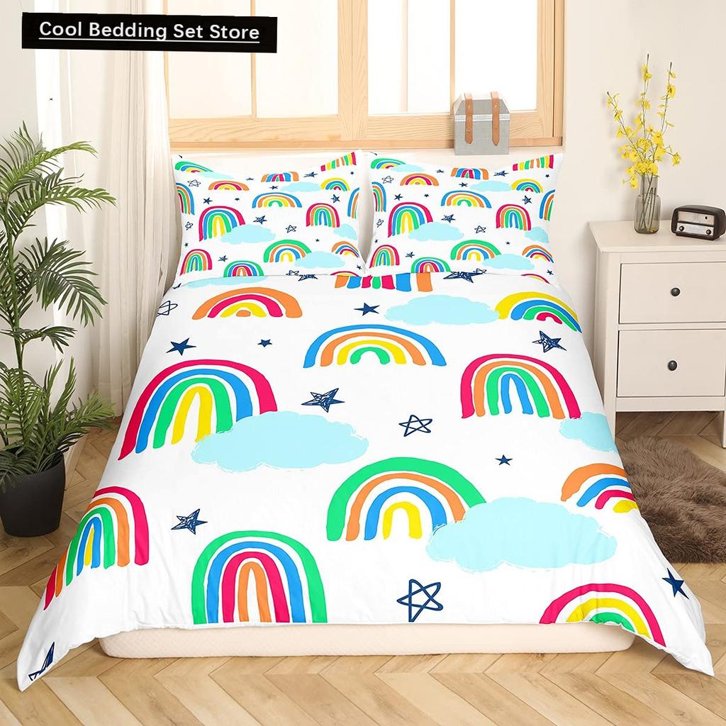 Cartoon Regenbogen König Königin Bettbezug Kinder Mädchen Bunte Wolken Bettwäsche Set Liebesherz Bettdeckenbezug Polyester Steppdeckenbezug