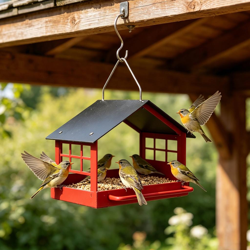 Outdoor Hanging Bird Feeder Metal Iron Construction with Roof Mesh Base for Balcony Garden Patio Use Durable Weather Resistant