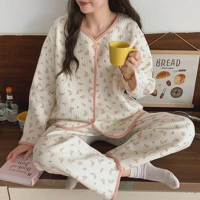 Damen Dickes Warmes Blumen-Pyjama-Set: Langärmliger Cardigan für Herbst/Winter