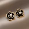 Black Camellia Stud Earrings Temperament Flower Pearl Earrings For Women Party Elegant Jewelry Accessories Girls Gift