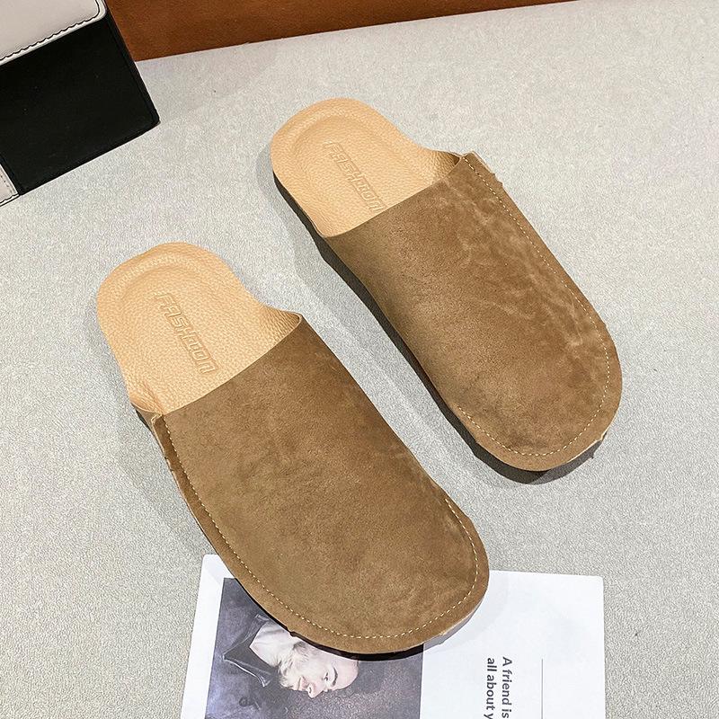 Grinding yarn bag head half slippers women's early spring new soft leather lazy shoes retro flat soft bottom cool slippers women